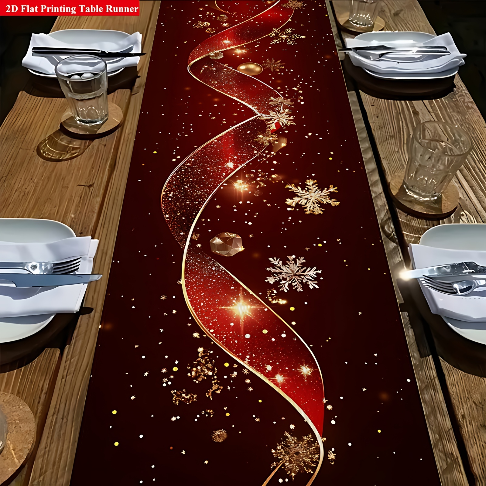 TEMU 1pc Christmas-themed Table Runner, Base With Sparkling Golden-red Ribbon, With Exquisite Snowflakes, Spheres, And Crystal Decorations, Starry