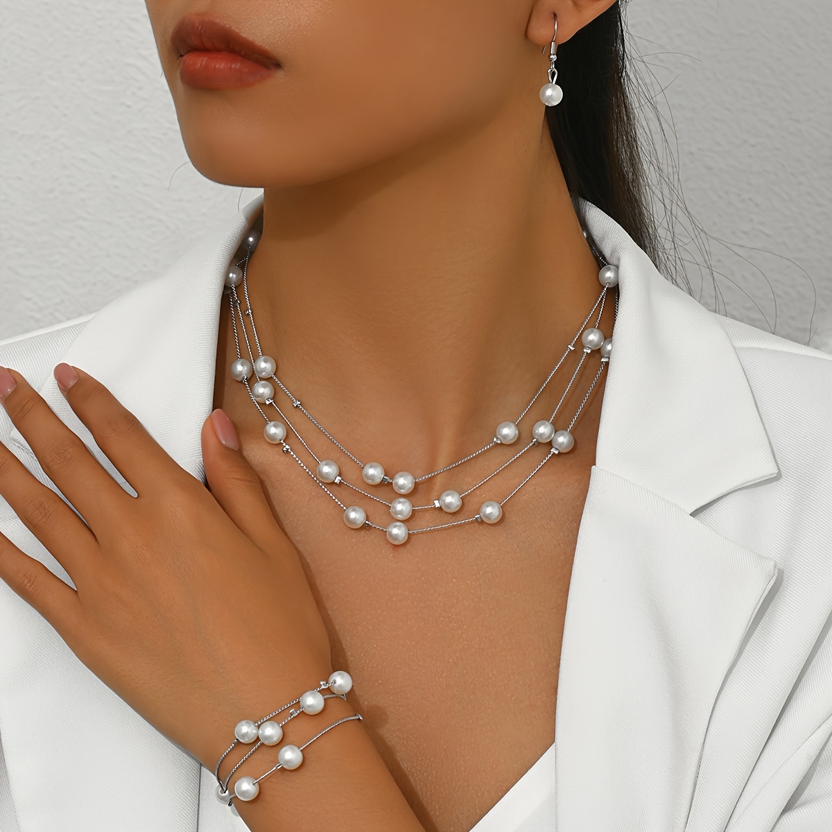 

1 Set Women's Pearl Necklace Earrings Bracelet Jewelry Set -piece Set