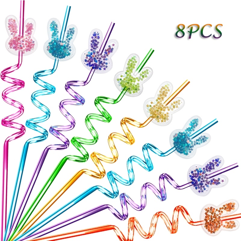6/8pcs Shiny Bunny Shape Straws Easter Theme Party Straws Reusable Spiral Plastic Straws For Easter Party Decorations And Small Gifts