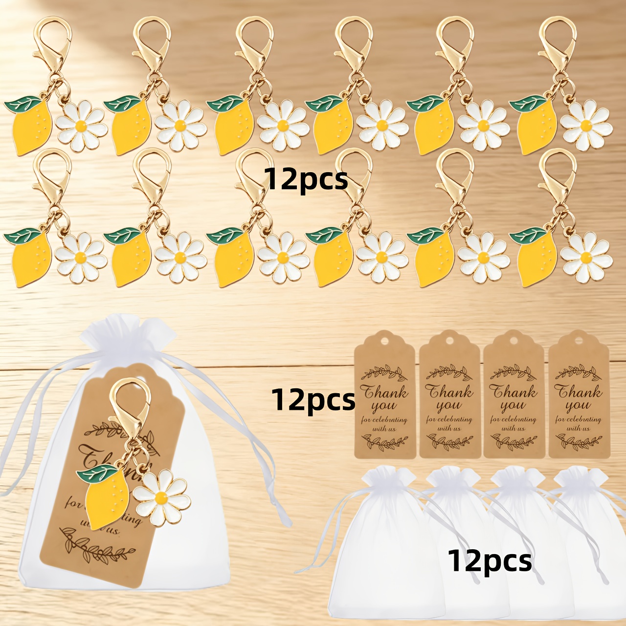TEMU 36pcs/12 Sets Lemon Keychain Party Key Chain Gift Bag, Floral And Lemon Pendant Decorated Keychains, Including 12pcs Keychains/12pcs Cards And