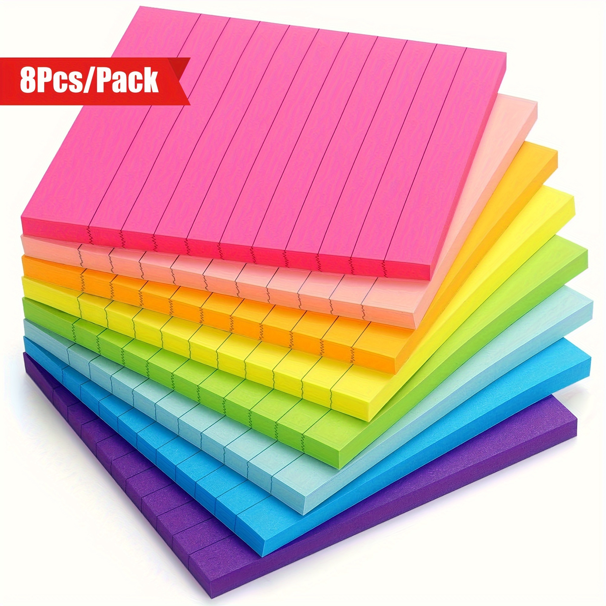 

8-pack Vibrant Note Pads, 45 Sheets , 4x4 Inch Striped Paper Notecards With Strong Adhesive, School Supplies, Study , Memo Pads For Office And Home, Assorted Colors