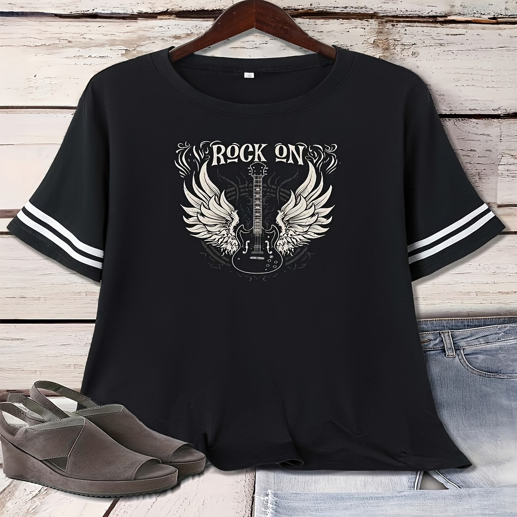 

Plus Size Women's Casual With Guitar & Wings Graphic - Short Sleeve, Round Neck, Striped Detail, Polyester , Machine Washable, 1-8xl