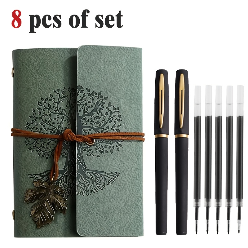 E-shop [8er-Set] Vintage Spiralblock Schwarz-Goldenes Stiftset, inklusive 2 stilvollen Schwarz-Goldenen Gelstiften + 5 Nachfüllungen – Baum-Muster