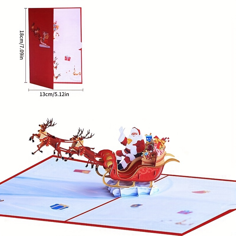 TEMU 3d Pop-up Christmas Greeting Card With Santa Claus And Reindeer Sleigh, Cartoon With Envelope For Anyone, Popup Paper Card For Season's