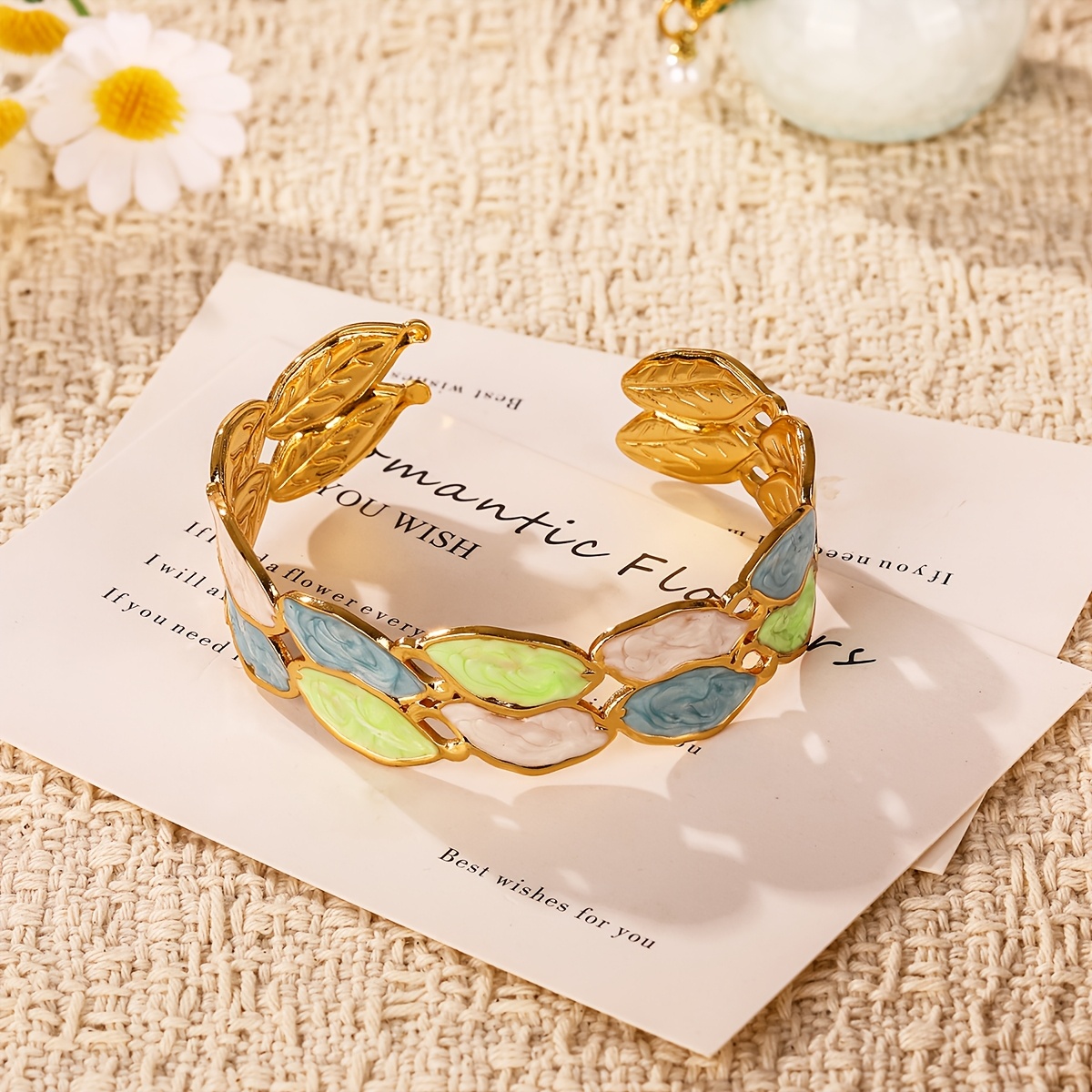 Elegant Color Block Enamel Open Cuff Bangle for Women, Soft Marbled Tone
