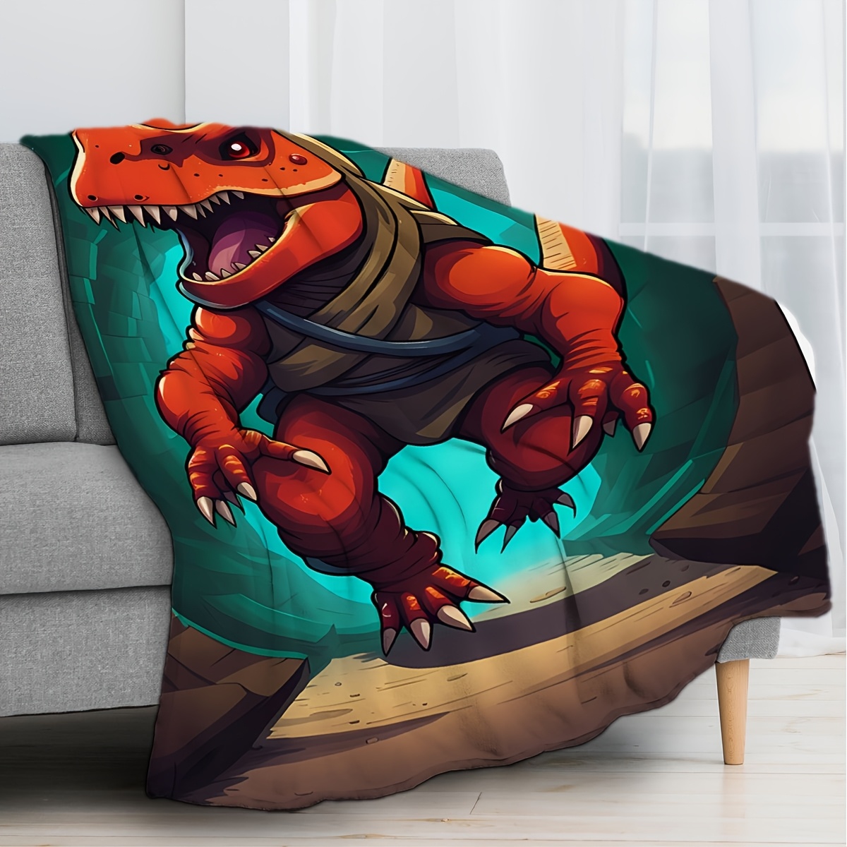 1pc dinodawn cartoon adventure dinosaur print knitted polyester throw blanket contemporary style   multipurpose   soft warm   for bedroom   200 250g fabric weight details 1