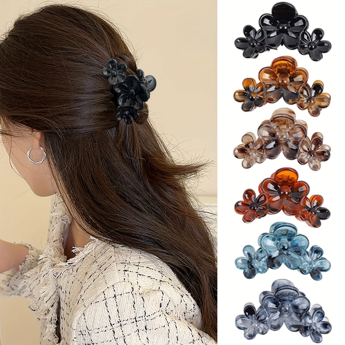 

6pcs Elegant Minimalist Flower Hair Set, Plastic Sunflower Hair Clips With Leopard Print, Transparent & Matte , Hair Accessories For High Ponytails And Half Updos