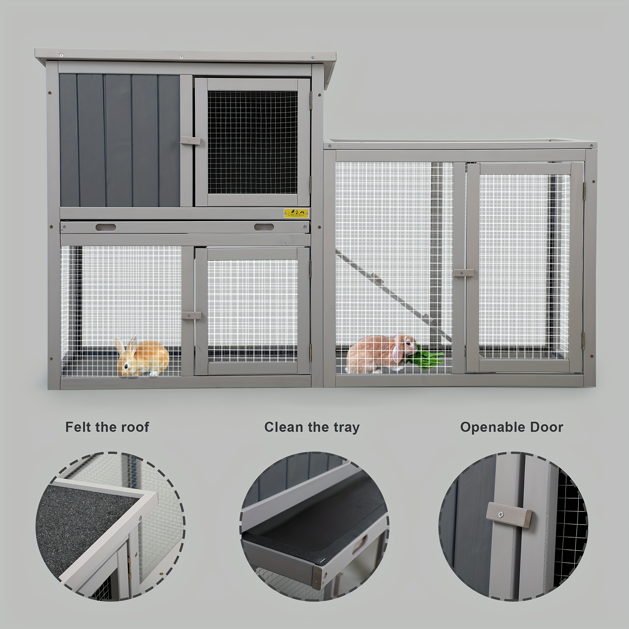 assembled 54inches wood large rabbit hutch outdoor with run durable 2 story small animal house habitat pet bunny cage indoor with cleaning tray for bunny chick duck hamster grey