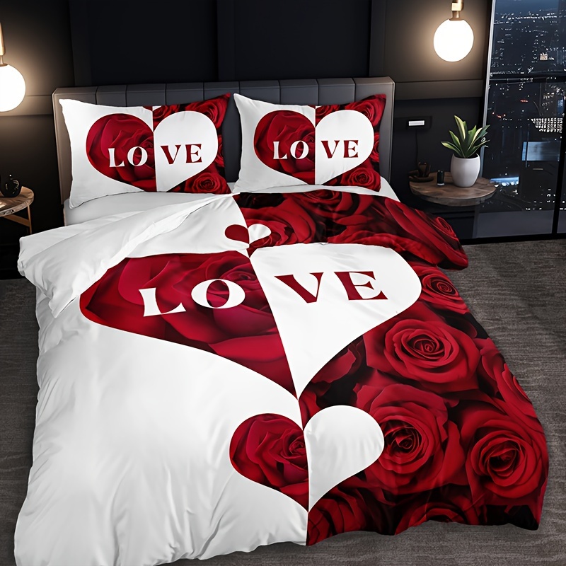 

3pcs Red And Lettering Duvet Cover Set, 100% Polyester, , , , , Includes 1 Duvet Cover And 2 Pillowcases (no ) - And Dorm Decor