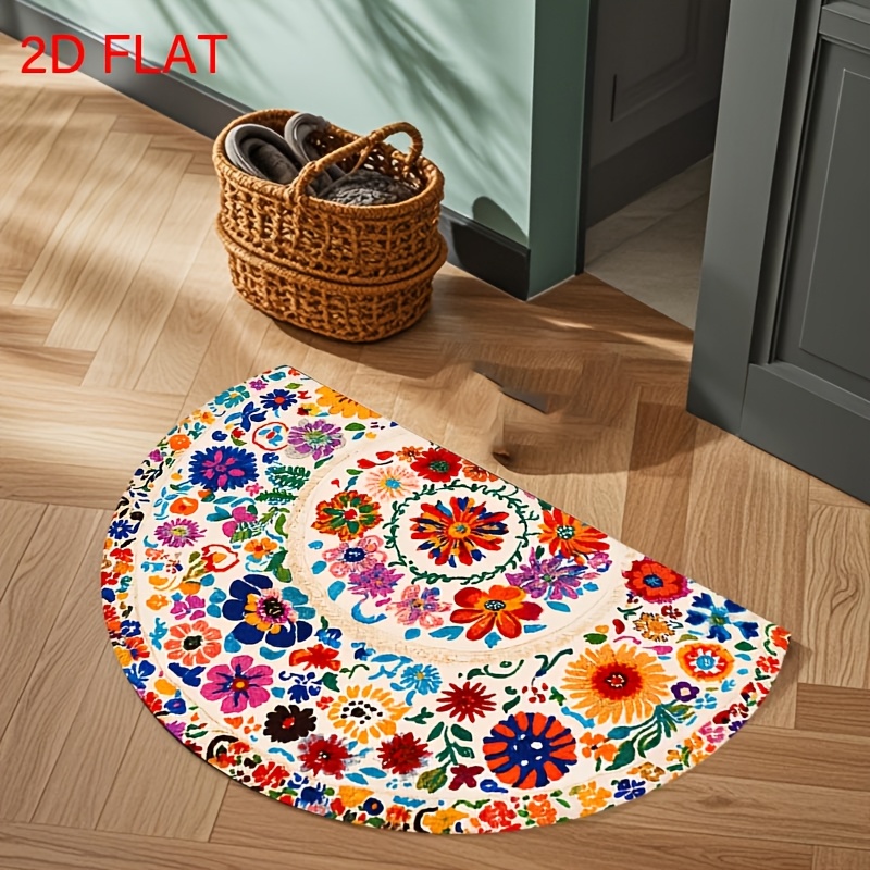 TEMU 1pc Mandala Semi-circular Mat - Colorful Floral Pattern, Soft Non-slip Machine Washable Indoor/outdoor Rug, Suitable For Living Room, Bedroom,