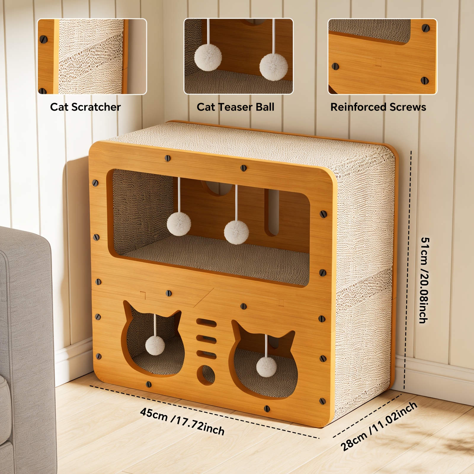 TEMU Large Cat Bed, Cat Scratching Post, With Fluffy Balls, Suitable For Cats To Play And Rest - Multi-functional Indoor/outdoor Cat Bed, Assembled