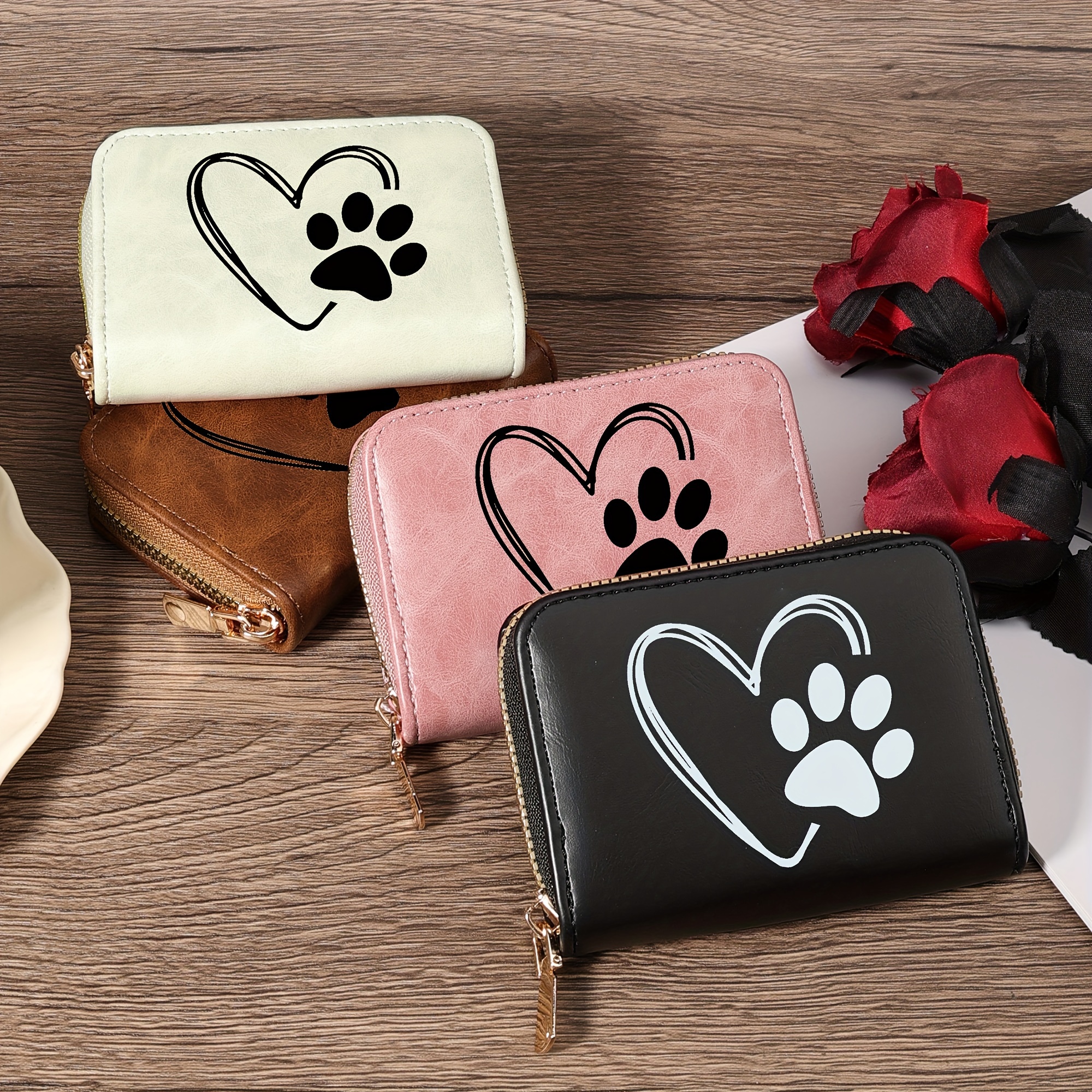 

Paw Print Heart Shape Pattern Credit Card Wallet, Large Capacity Holder Wallet, Short Wallet, Zipper Card Holder, Accordion Wallet