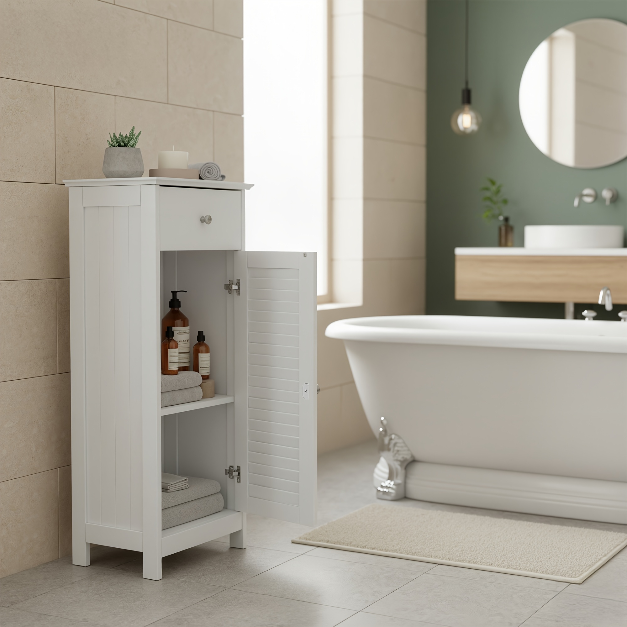 Image of Bathroom Cabinet, Narrow Bathroom Cabinet, Storage Cabinet, Small Cabinet, With Drawer, Slatted Door, For Bathroom, Living Room, Bedroom, 30 X 32 X 87 Cm