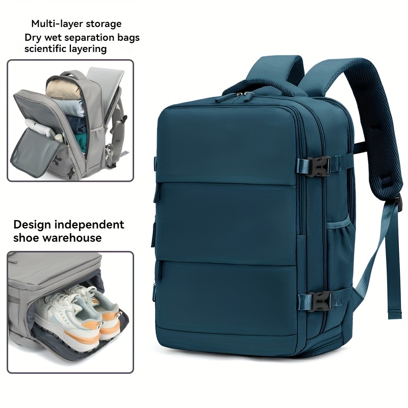TEMU Airline Approved 15-inch Women's Laptop Dry And Wet Travel Backpack Light Blue Adjustable Strap Shoe Compartment Backpack