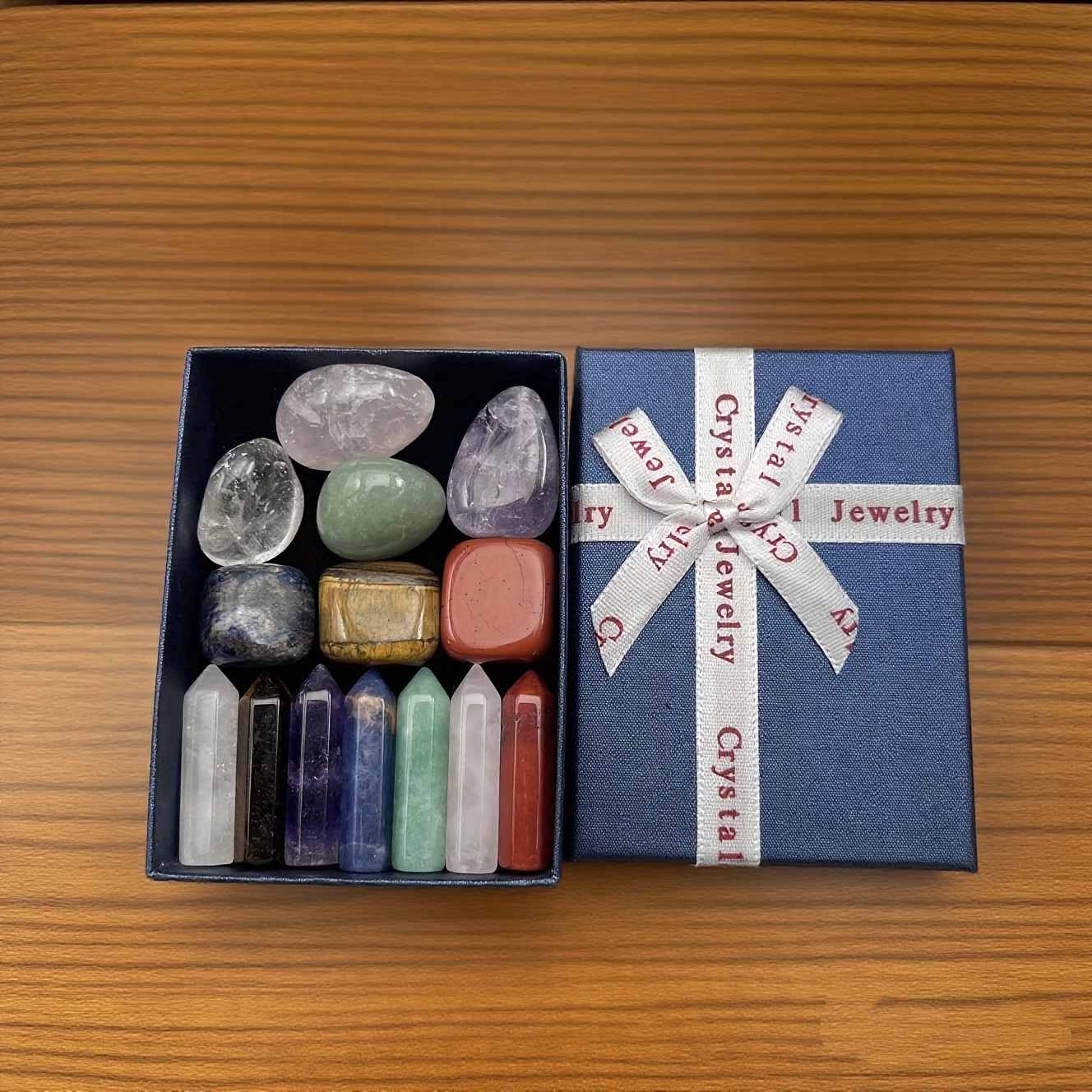 E-shop 14-teiliges Naturstein 7-Farben Einzelknoten Punkte Unregelmäßige Tumble Geschenkbox Set Feiertagsgeschenkbox Amethyst Tigerauge Rosenquarz