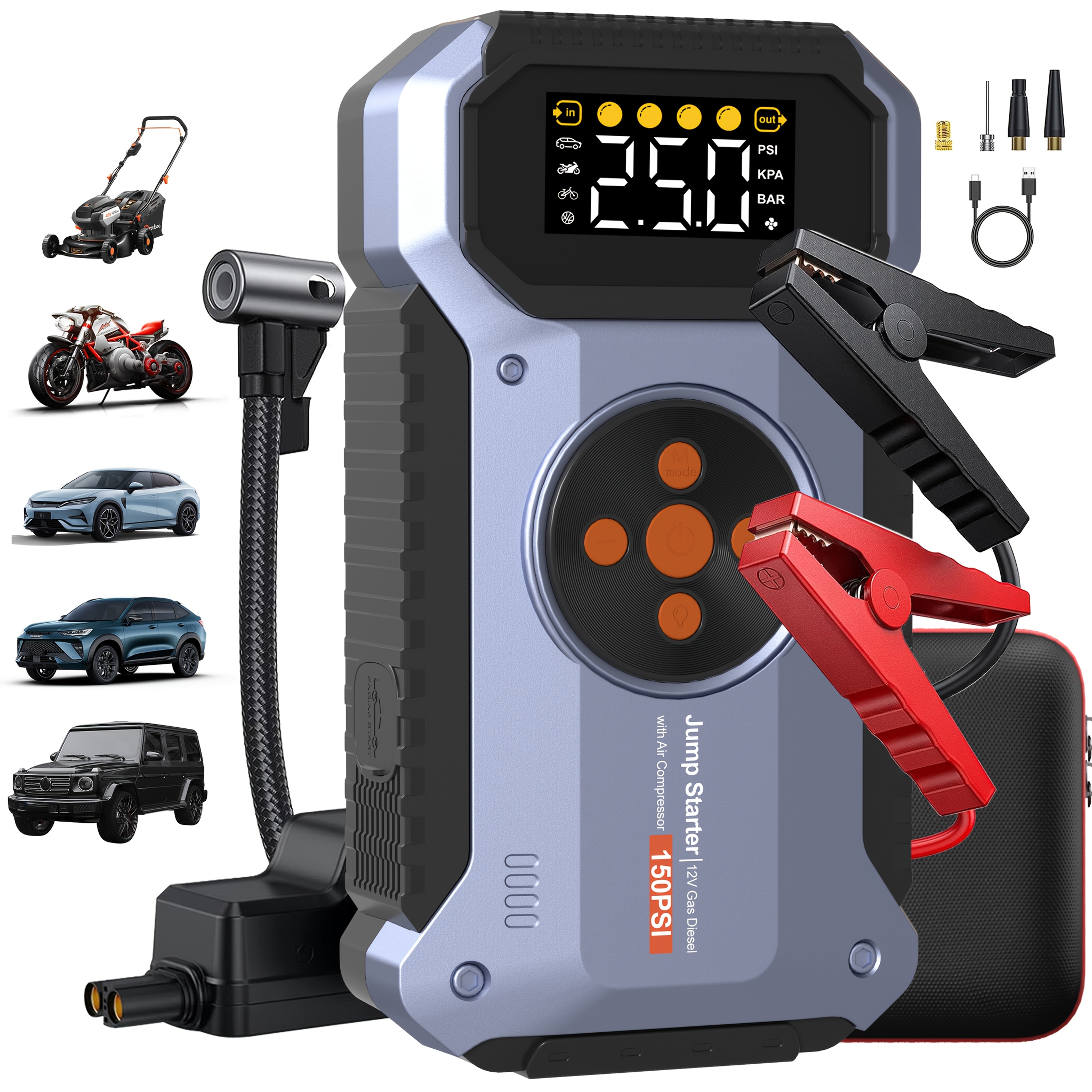 TEMU Avviatore di emergenza Power Bank da 12000mAh con compressore d'aria da 150 PSI, Booster per batteria auto da 12000A con pompa ad aria per 12V