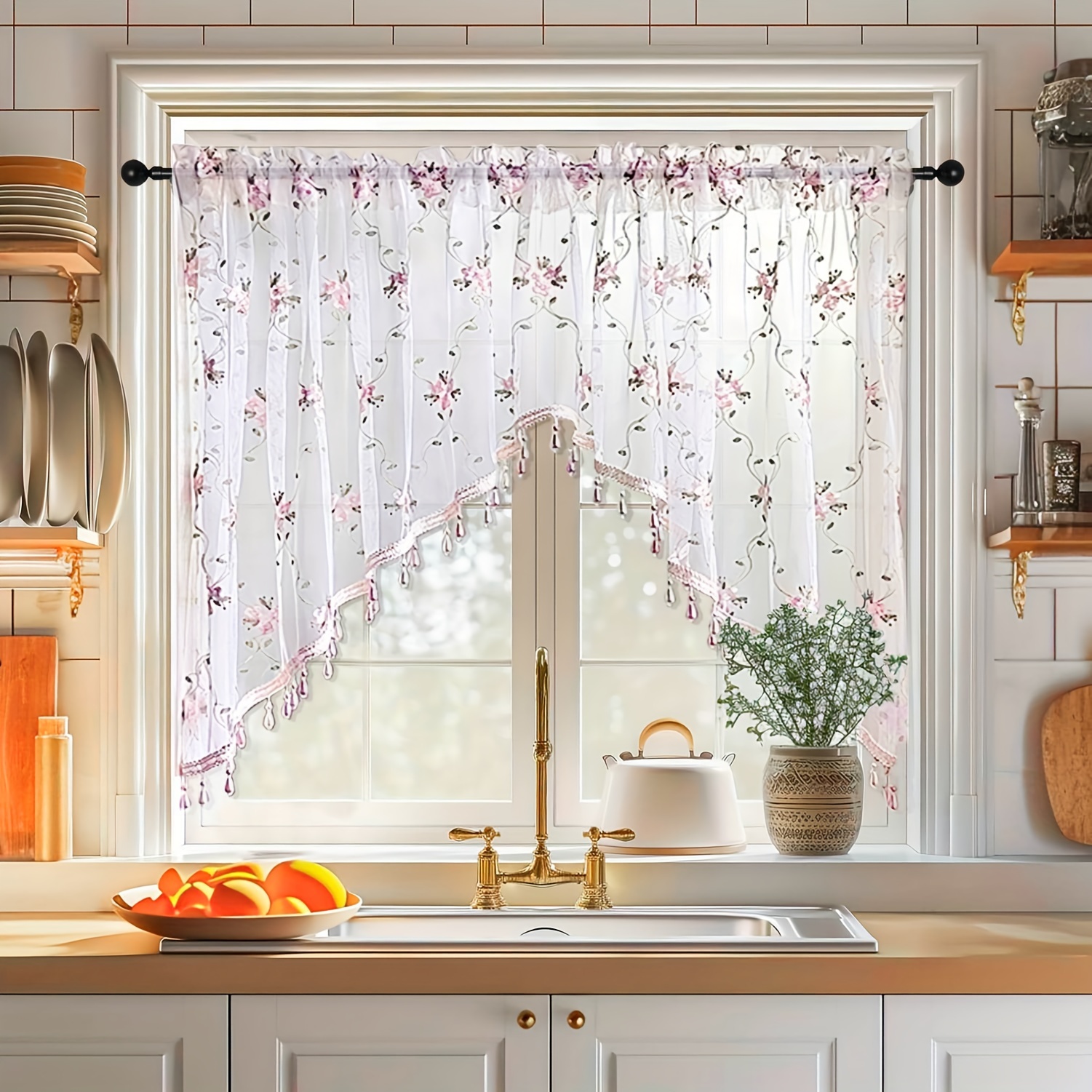 

1 Panel Vintage Floral Embroidery Lace Curtain - Lightweight Farmhouse Kitchen Window , Rod , Washable, For Seasonal Charm, Kitchen Curtains