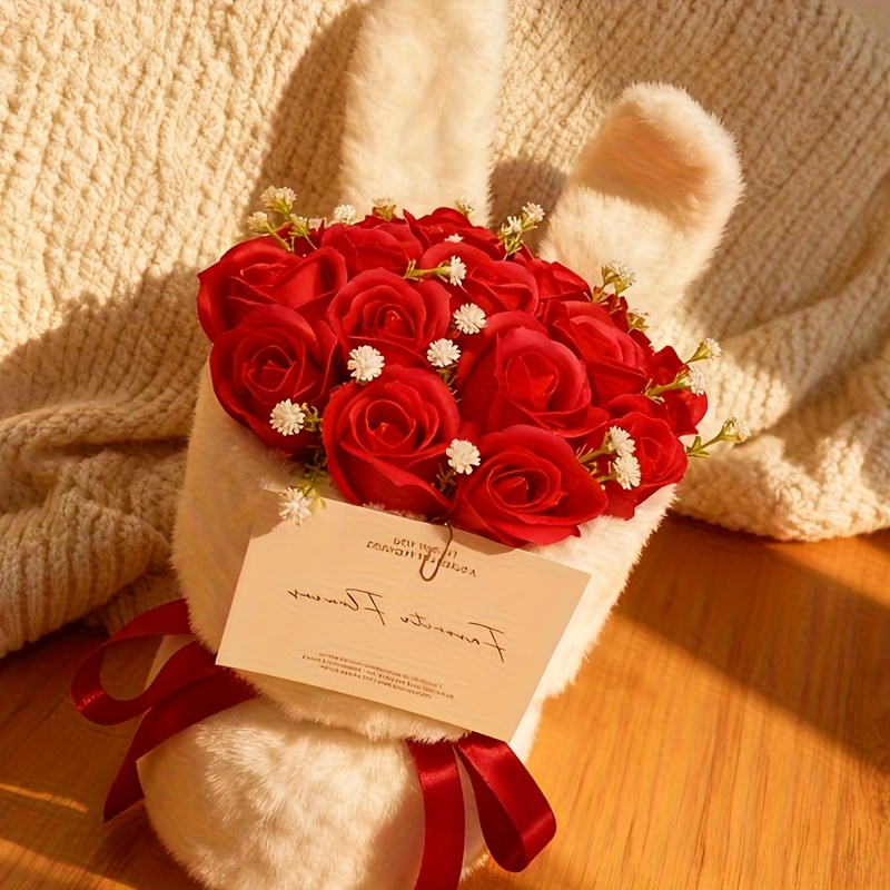 Image of 1pc, Rose And Baby's Breath Simulation Bouquet, Warm Plush Rabbit Ear Soap Flower, Suitable For Your Girlfriend As A Birthday Gift, Valentine's Day, Christmas, And Mother's Day