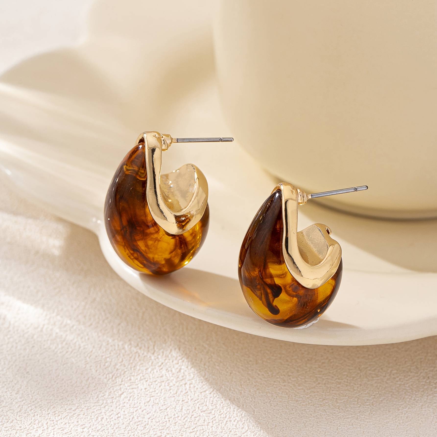 

Elegant Vintage-inspired Resin Stud Earrings For Women - Brown Marbled Design With Golden Accents, Fall & Winter Parties, , And Formal , Winter Jewelry | Accessory | Appearance, Novelty Earrings