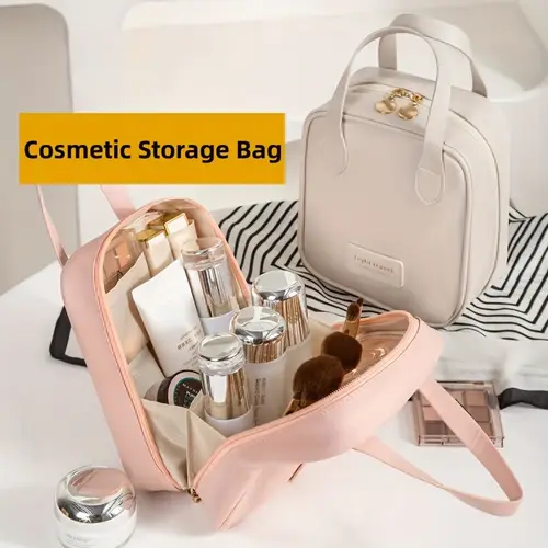 large capacity travel makeup bag for women hypoallergenic high quality cosmetic organizer with dividers handle portable pouch in orange white black skincare makeup essentials