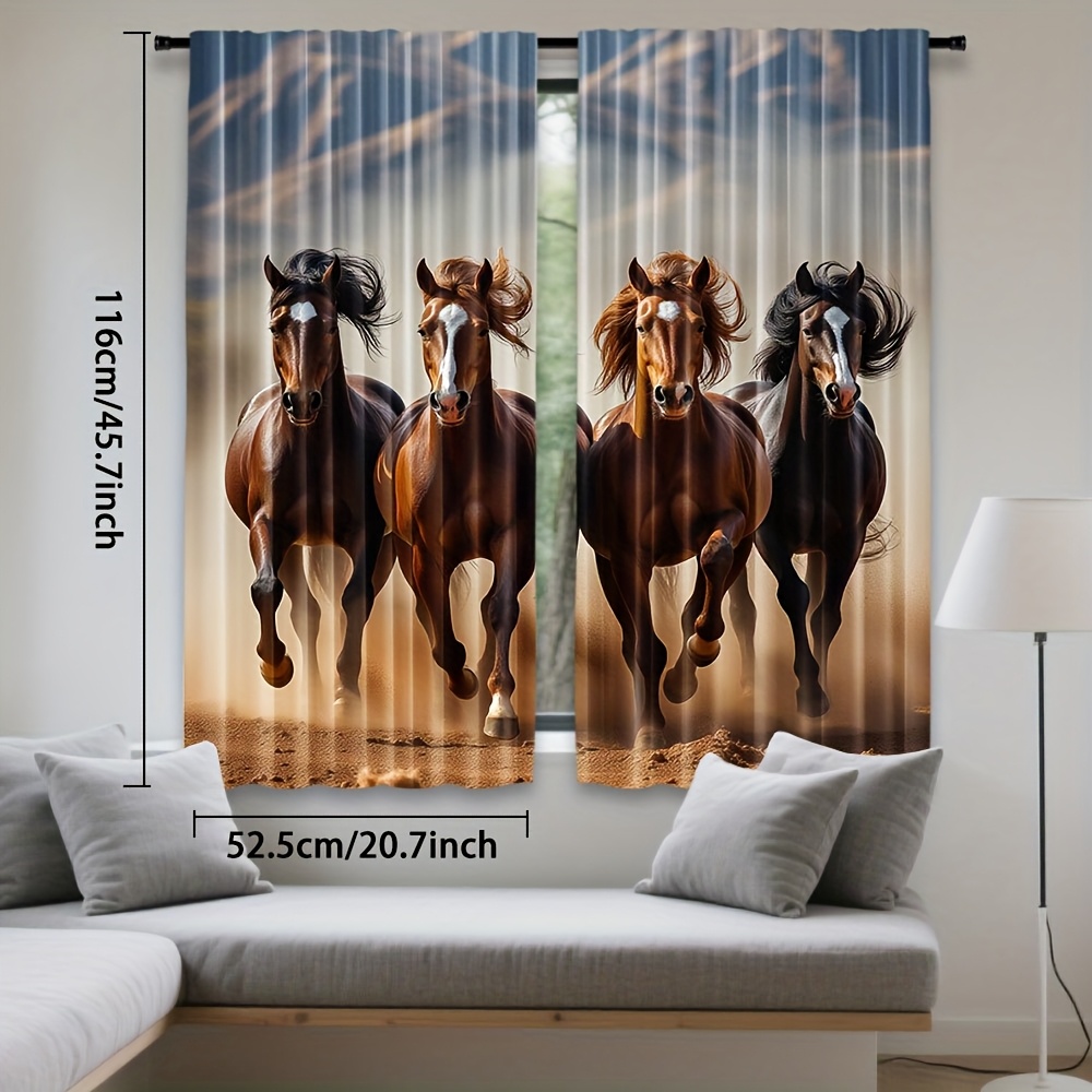 TEMU 2pcs, Running Horses Print Curtains Rod Polyester Light Filtering For Bedroom Living Room Office, Perfect For Holiday, Artistic, And Seasonal