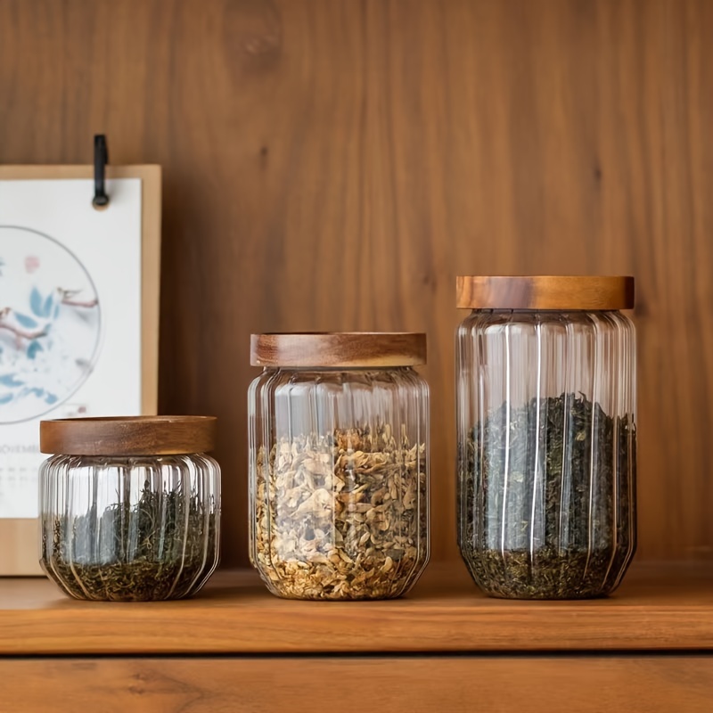 

Set Of 3 Glass Food Storage Jars With Wooden , Round Canisters For Tea, Snacks, Coffee Beans, , Reusable, Freezer Safe, Closure, Without Electricity Use - High Borosilicate Glass Containers