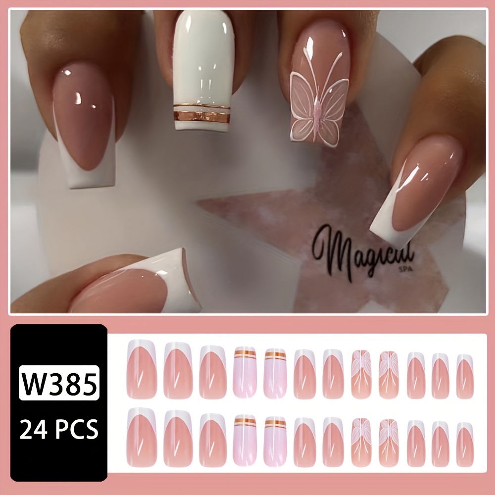 TEMU Show Your Beauty 24pcs Square Fake Nails, Elegant And Cool With White Edges, Golden Lines, And Pink Butterflies, Glossy Finish, Fashionable