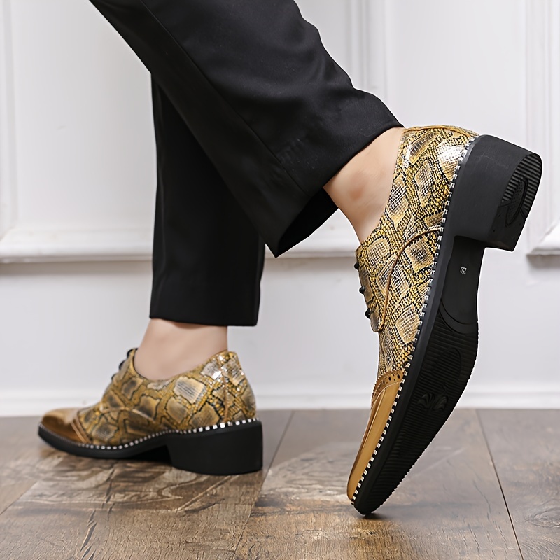 

Men's Luxurious Golden Snake Pattern Lace-up Oxfords - Pu Upper, , Pointed Toe, Low-, Stylish & Comfortable For Casual Or Formal Wear, Formal Footwear | Sophisticated Design | Dress Shoes