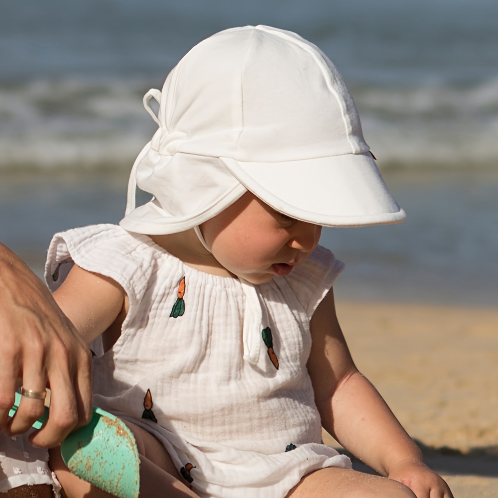 Adjustable Toddler Sun Hat with Drawstring Back Neck Flap  Lightweight, Breathable Polyester Summer Beach Outdoor Play, White with  Green Leaf