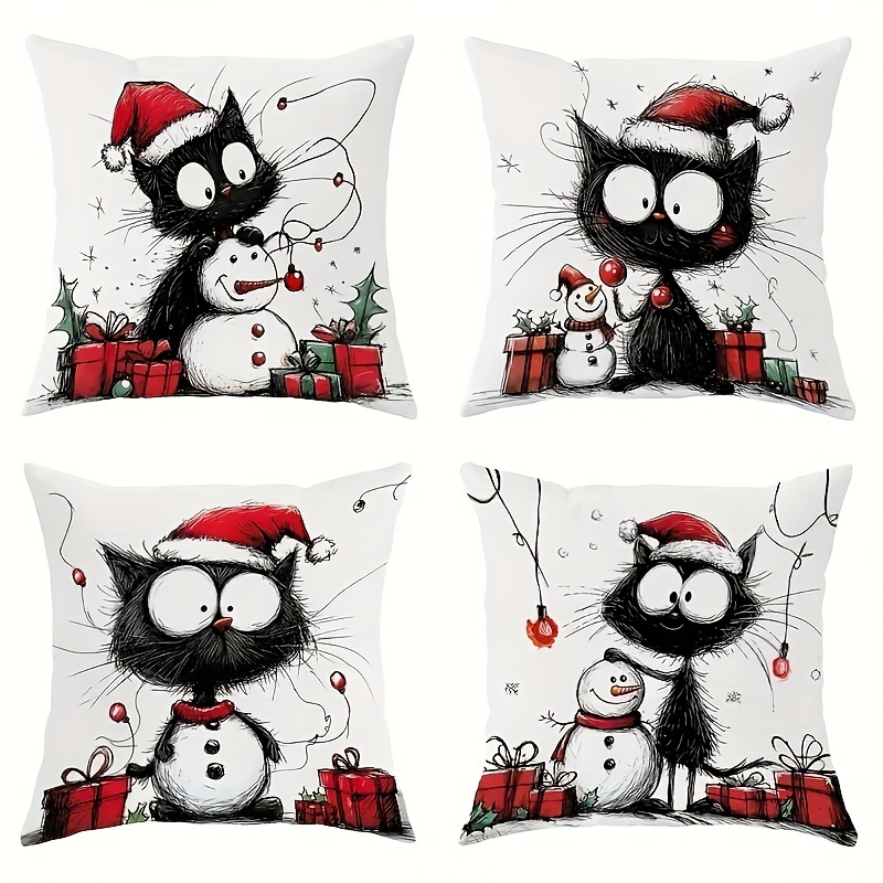 

4pcs Christmas Cat And Snowman , Contemporary , 18x18 , Zippered, Washable, , Printed , Stain For , Car, Bedroom, Decor - Inserts Not Included