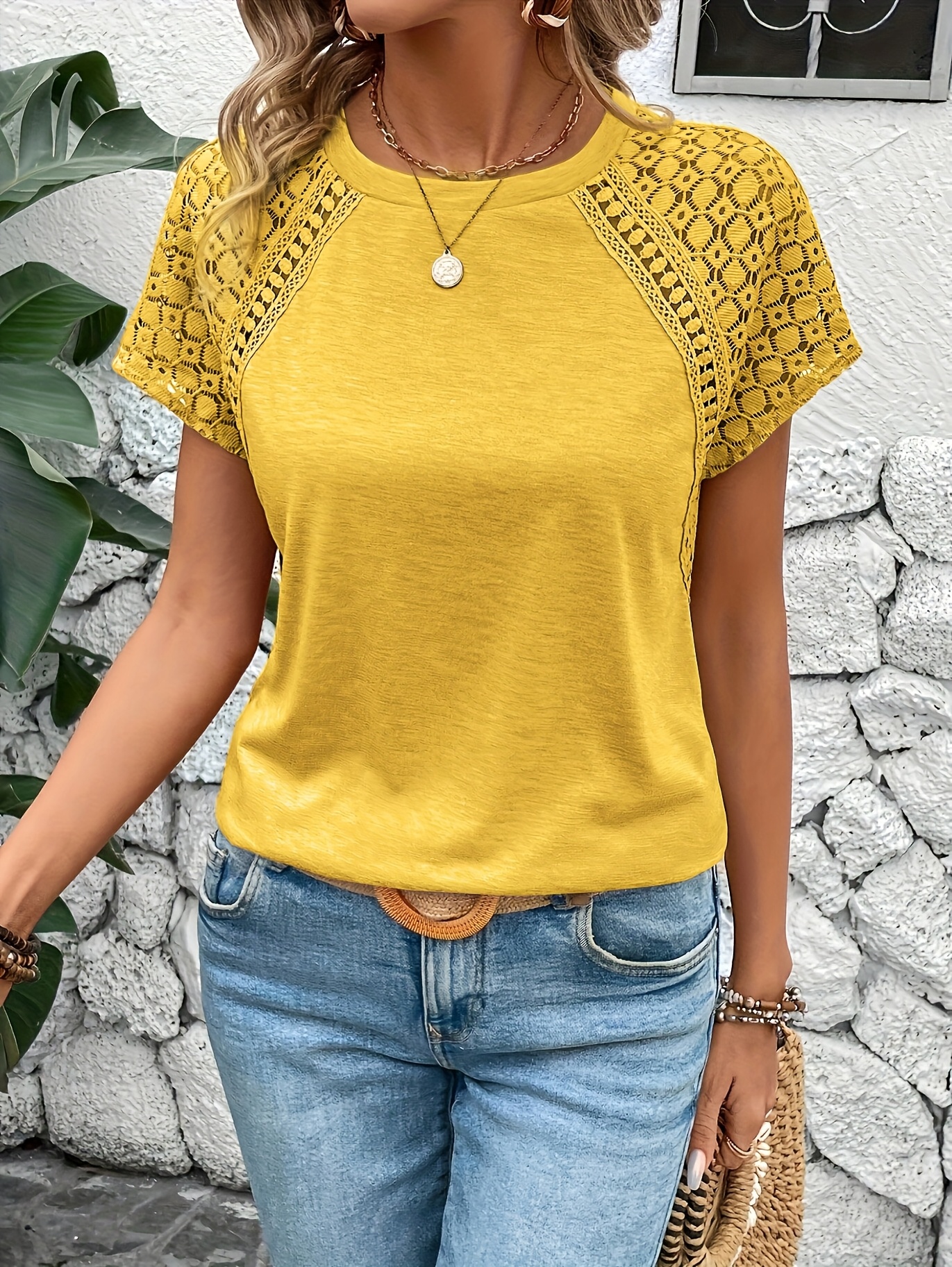 womens elegant solid color lace sleeve t shirt summer   blouse with breathable fabric machine washable versatile for casual formal outfits cropped tee style soft   ladies t shirts Product details 7