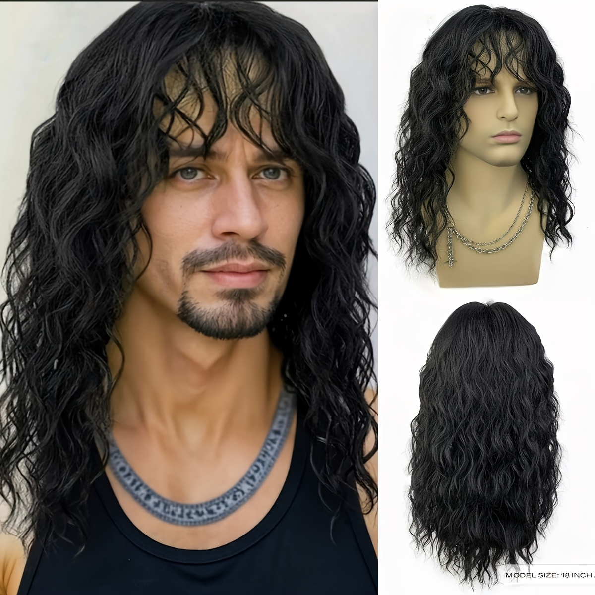 TEMU Stylish Men's Curly Wig With Bangs | Heat-resistant Synthetic Hair For Halloween And
