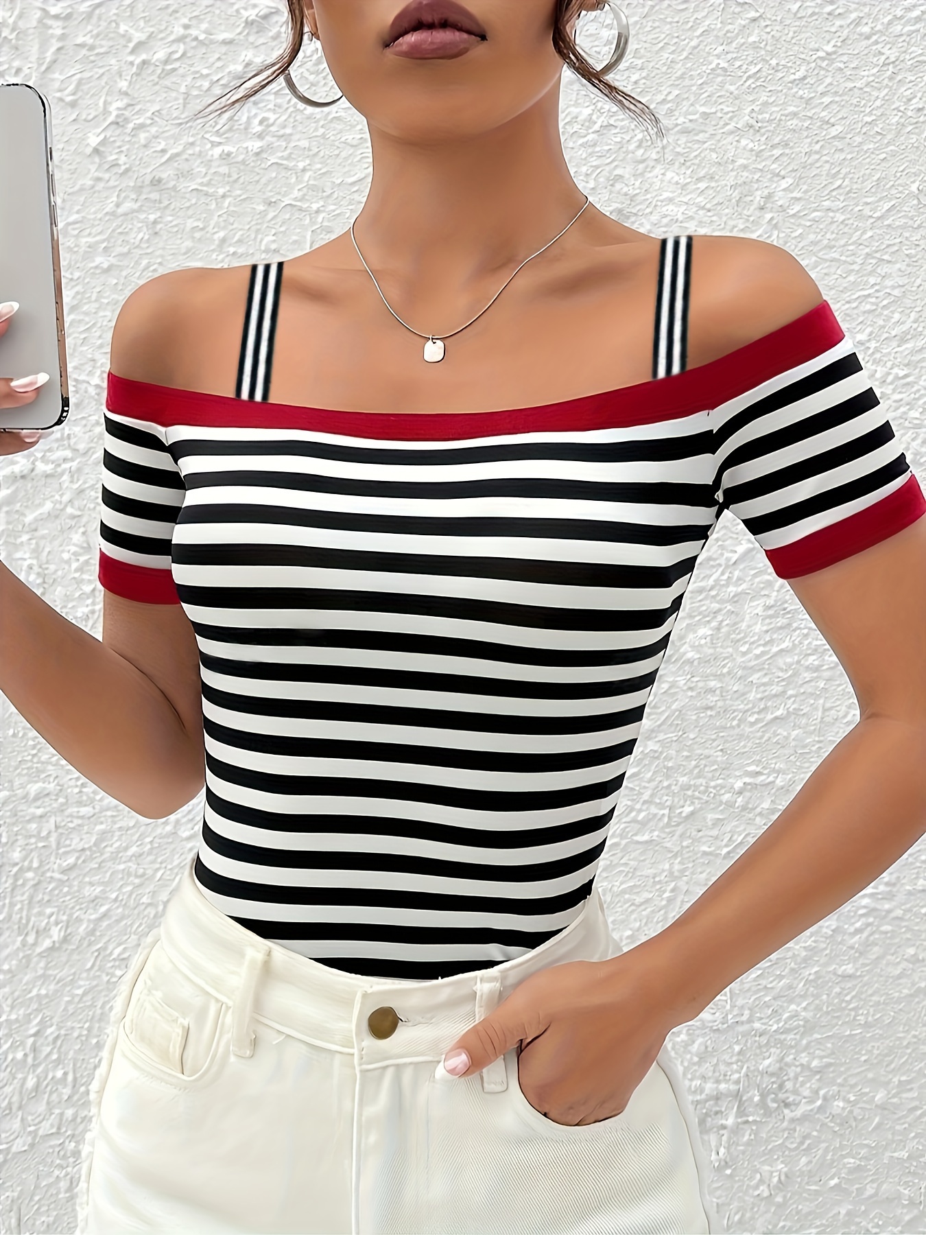 Black Striped Shoulder Top Women'S Clothing