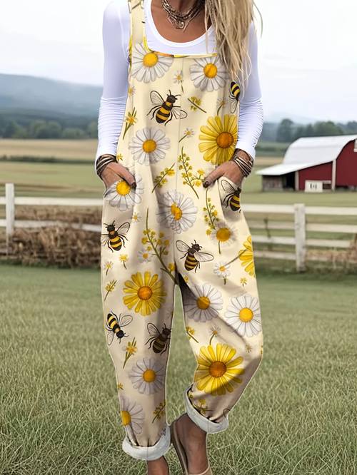 2026 floral print daisy and overalls loose fit flattering casual pants long pants with pockets age reducing jumpsuit