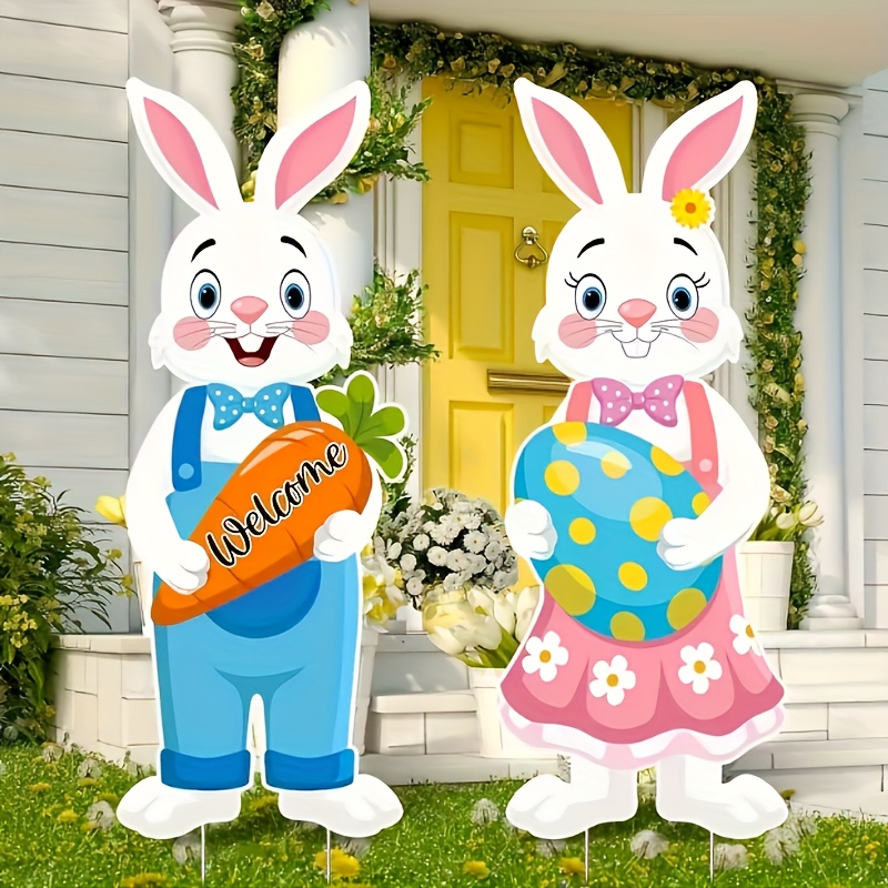 

4pcs, Easter Decorations Outdoor Easter Bunny And Egg Yard Signs Happy Easter Welcome Signs With Stakes Spring Easter Lawn Sign Decor For Easter Garden Hunt Game Party Supplies Props