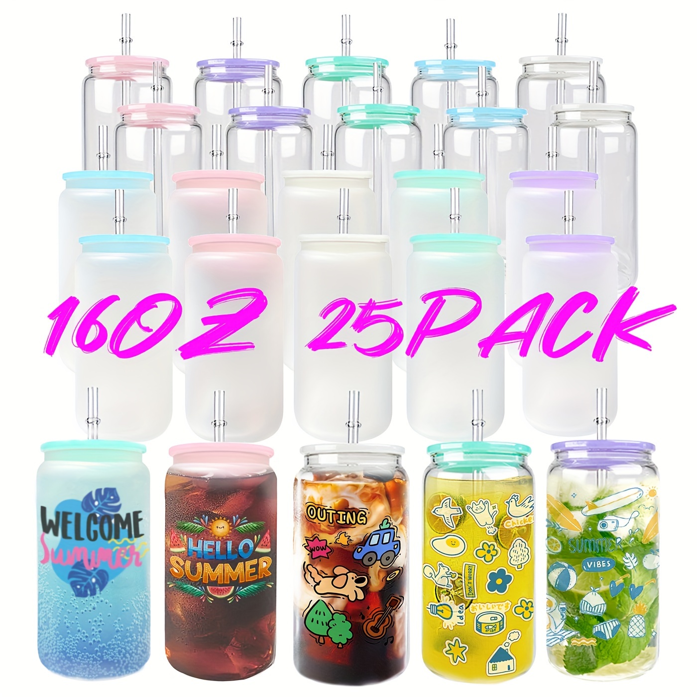 

25pack 50pack 16oz Sublimation Frosted Clear Glass Tumbler With Colored Plastic Lids And Straws Glass Mason Jars Cola Water Can