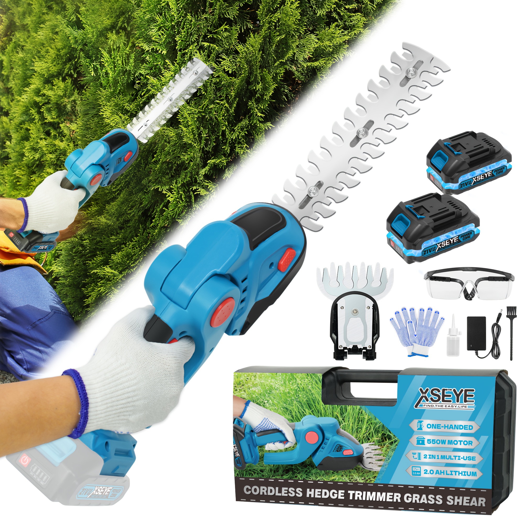 

Xseye Cordless Hedge Trimmer With Battery 2.0ah - 2-in-1 21v Grass Shears Handheld, Electric Shrub Trimmer Kit For Garden, Yard And Lawn, Charger Included