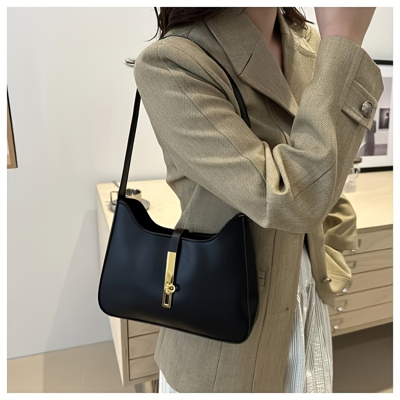 

Elegant Black Leather Shoulder Bag For Women - Chic, Simple & Underarm Purse With Clasp Closure