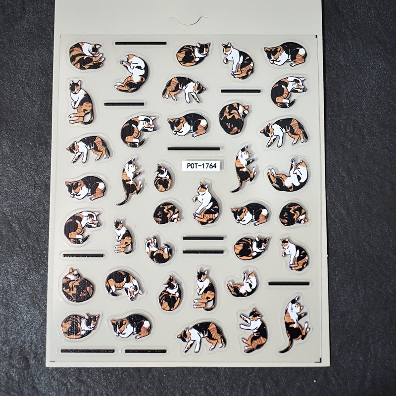 2pcs cute cartoon cat and line nail stickers 5d embossed self   nail art supplies glossy surface animal theme stickers for diy     women and