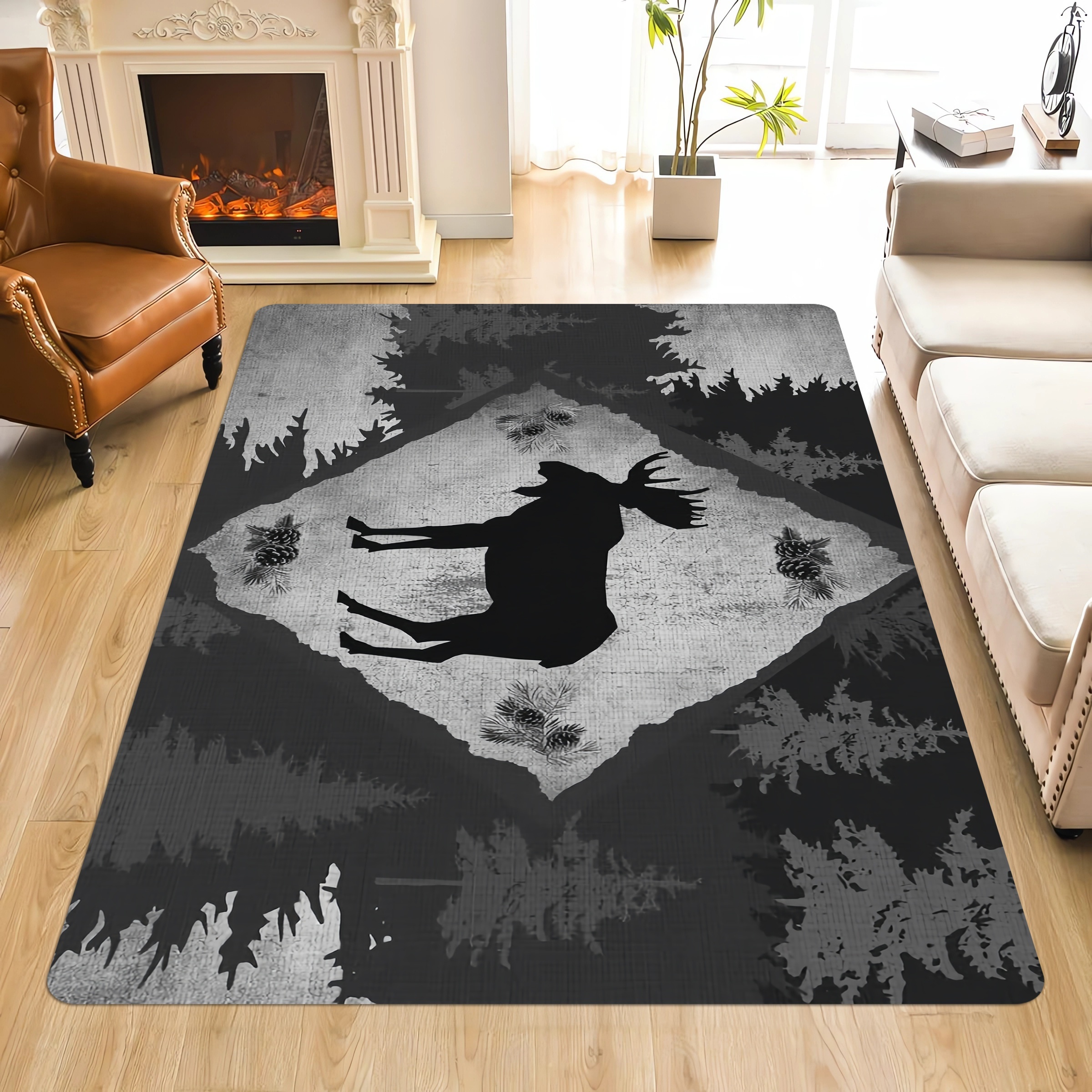 TEMU 1pc Rustic Deer & Forest Design Area Mat - Washable Polyester, Rectangular, Machine-made, Ideal For Living Room, Bedroom, Entryway, And Outdoor
