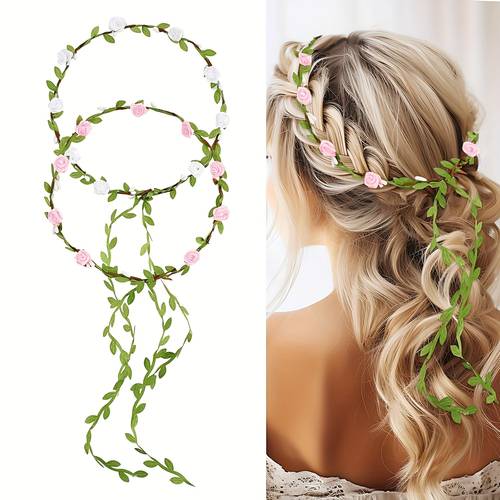 2pcs handmade vintage wedding tiara bridal leaf floral headpiece with pink white roses wedding prom for women costume accessories no feathers