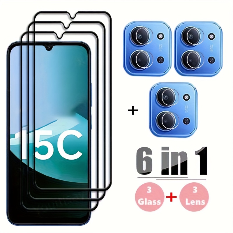 E-shop 6-in-1 Objektiv- und schwarzer Rand Schutzfolie aus gehärtetem Glas, kompatibel mit Xiaomi für Redmi 15C, Kameralinsenschutzfolie für Redmi 15C