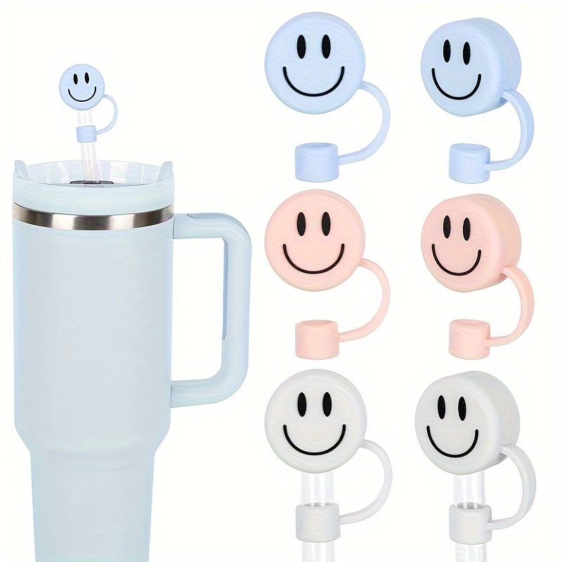 

6-pack Joyful Face Silicone Straw Covers - Reusable, Double-sided Design For 10mm/0.4" Straws - Fits 30 & 40oz Tumblers With Handles - Blue, Pink, Cream Silicone Straw Tip Cover