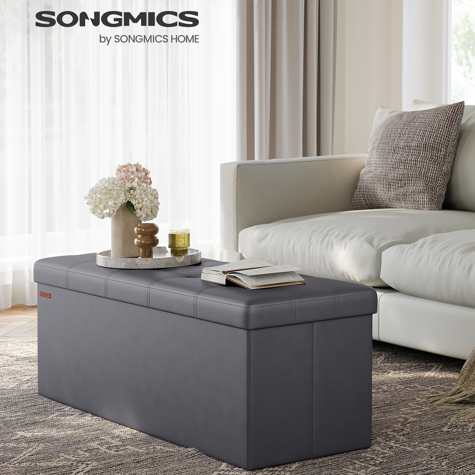 

Songmics 43 Inches Folding Storage Ottoman Bench, Storage Chest, Footrest, Coffee Table, Padded Seat, Faux Leather, Holds Up To 660 Lb