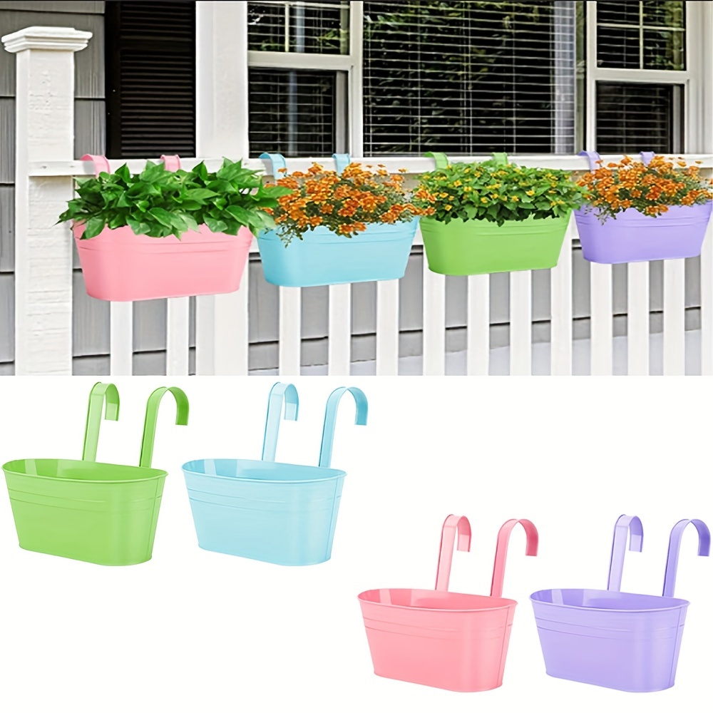 

Modern 4-piece Metal Rail Planter Set With Detachable Hooks - Iron Hanging Pots With Drainage Holes For Deck Railing Fence Decor