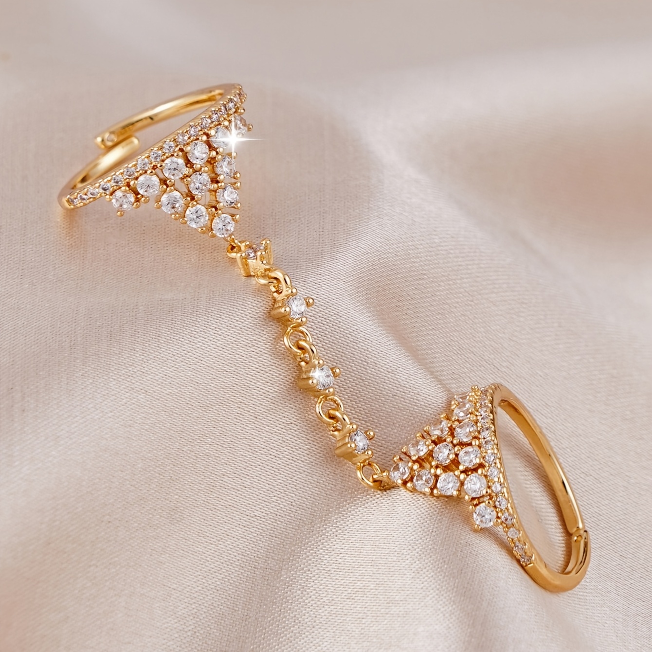 TEMU 1pc Double-finger Synthetic Zirconia Ring, Exquisite Tassel Shiny Stackable Ring, Suitable For Women's Parties, Vacations, Music Festivals