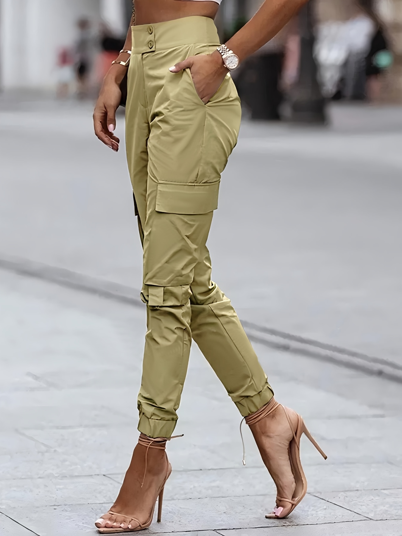 womens chic solid color black cargo pants high waisted multi Temu