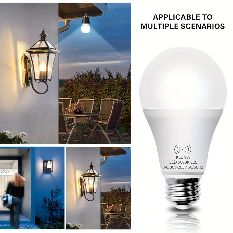 Foco con sensor de movimiento Keso, 9W (equivalente a 60W), automático para interiores, A19, E26, 3000K/6000K, encendido desde el atardecer hasta el amanecer, ideal para entrada, porche, escaleras y pasillo