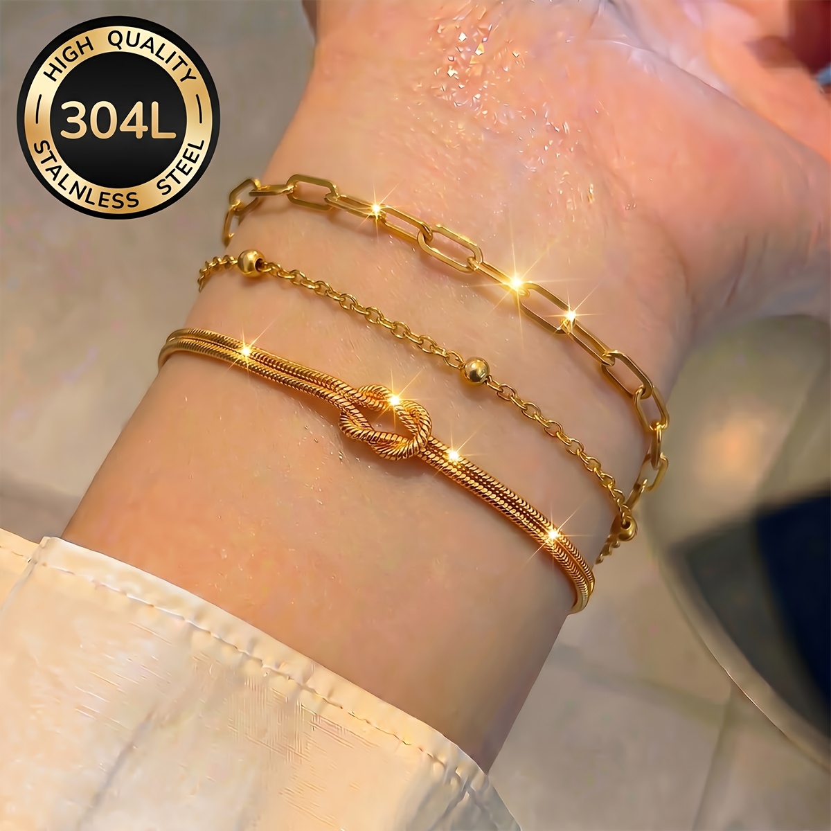 TEMU Ensemble de 3 bracelets pour femmes en acier inoxydable 304L plaqué or , accessoire étanche et résistant à la décoloration pour femmes, bijoux