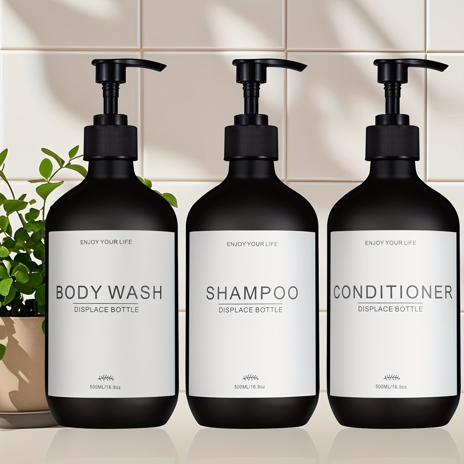 Image of Stylish Shampoo And Conditioner Dispenser Set Of 3 - Modern 17oz Shower Soap Bottles With Labels - Easy Refill Body Wash Dispensers For An Instant Bathroom Decor Upgrade